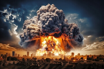 Explosion of nuclear bomb over city. Fire and smoke. Attack on a peaceful city. War - obrazy, fototapety, plakaty