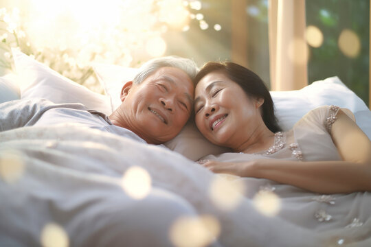 Love Lives Forever. Senior Asian Couple At Home. Handsome Elderly Man And Attractive Old Woman Are Enjoying Spending Time Together While Lying In Bed.