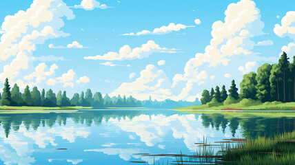 Fototapeta premium Pixel Art Landscape A Serene Pixel Art Lakeside Scene