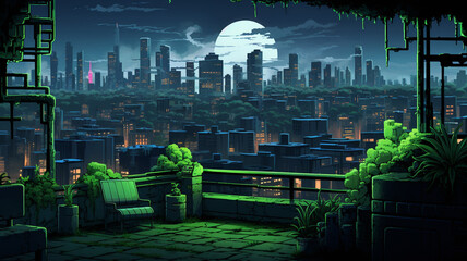 Pixel Art Scene A Cyberpunk Rooftop Garden