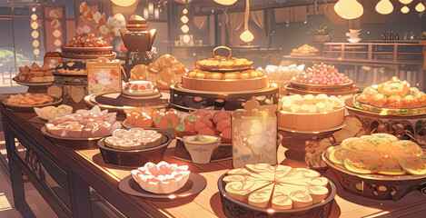Various traditional pastries placed on the table during the festival.