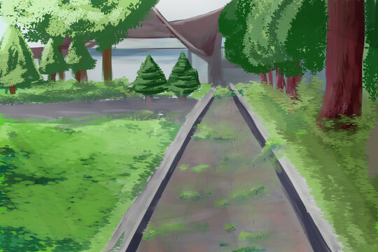illustration of a greenish anime landscape background and in the middle of a road