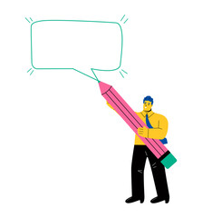 Business man holds a large pencil makes a speech bubble design. Flat vector illustration isolated on white background