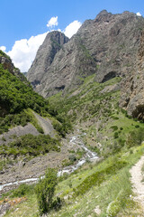 The picturesque gorge of the Jylgy-su river. The Caucasus Mountains near the ancient city of Eltuby. Next to the grotto with an ancient human parking lot.