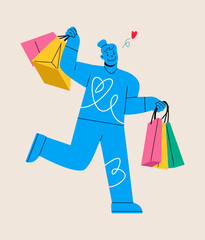 Happy shopping. Woman holds packages. Big Sale. Colorful vector illustration