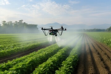Fototapeta na wymiar Panoramic agricultural drone flies to spray fertilizer. Smart farmers use drones for various tasks, smart technology concept