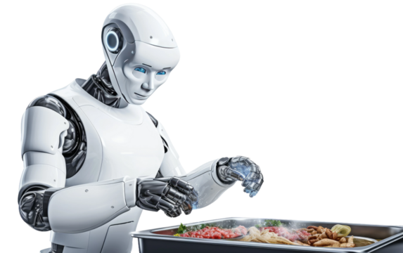 Realistic Driven Robotic Chef on a Clear Surface or PNG Transparent Background.