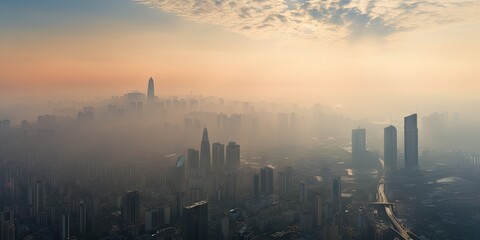 Naklejka premium City veiled in sunrise. Aerial view with river and fog. Skyline and river amidst morning mist. Urban awakening over river and haze