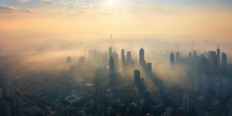 City veiled in sunrise. Aerial view with river and fog. Skyline and river amidst morning mist. Urban awakening over river and haze - obrazy, fototapety, plakaty