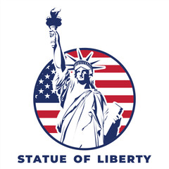 Statue of Liberty and American Flag Blue Isolated Vector Illustration
