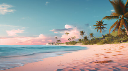 Fototapeta na wymiar A beach with a pink sand and palm trees