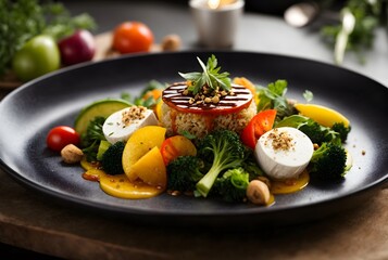 Food photography, colourful vegan dish perfectly arranged and served at vegan restaurant,