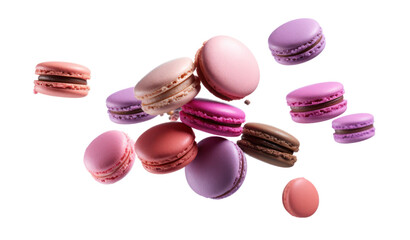 Colorful macaroons flying isolated on white transparent background. PNG