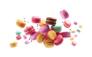 Colorful macaroons flying isolated on white transparent background. PNG