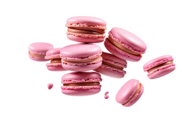 Pink color macaroons flying isolated on white transparent background. PNG