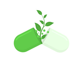 Herbal green capsule vector flat illustration. Natural therapy and dietary supplements concept.