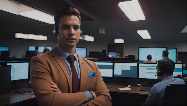 Optimize Customer Satisfaction: Business Man in Action at Call Center, Providing Support with Professionalism and Expertise