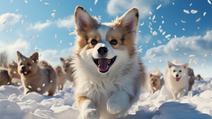 Fototapeta premium Cute Corgi Dog Running Fast Snow, Desktop Wallpaper Backgrounds, Background HD For Designer