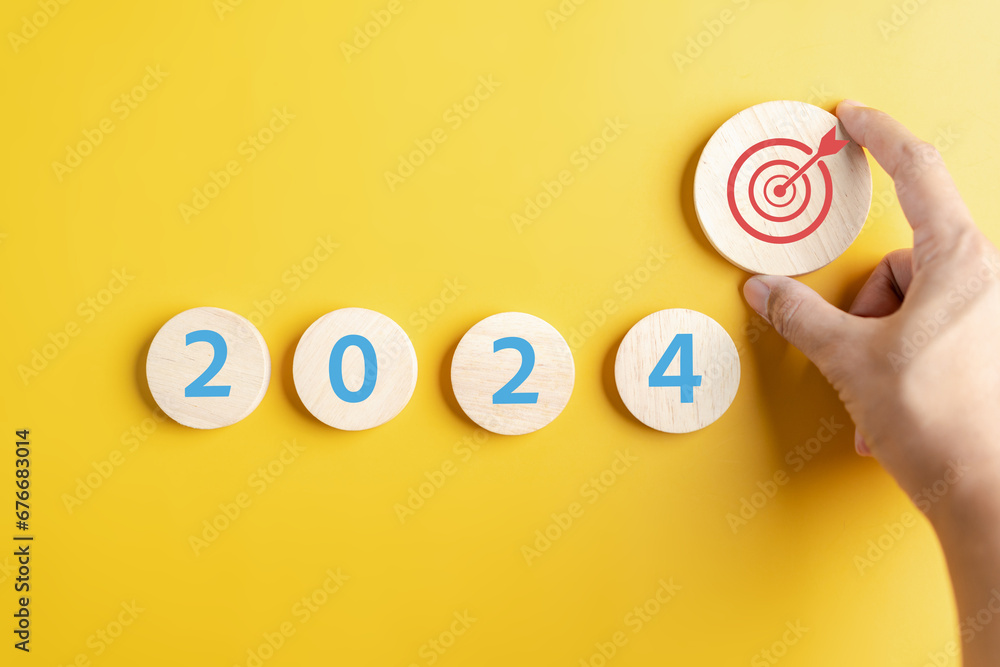 Poster Focus to New year 2024 target objective and countdown merry christmas and happy new year, Planning and challenge strategy in new year 2024 Concept.