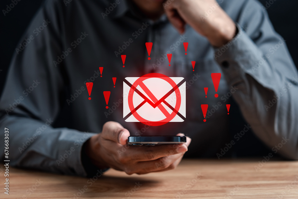 Poster Blocked Email inbox and spam virus with warning caution for notification on internet letter security protect, junk and trash mail and compromised information.
