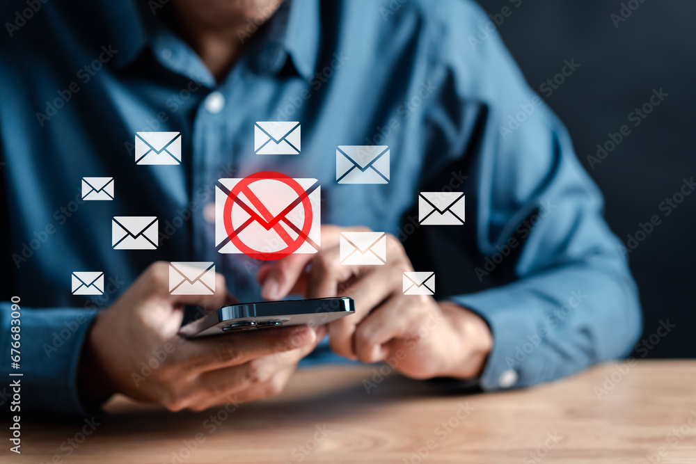 Poster Blocked Email inbox and spam virus with warning caution for notification on internet letter security protect, junk and trash mail and compromised information.