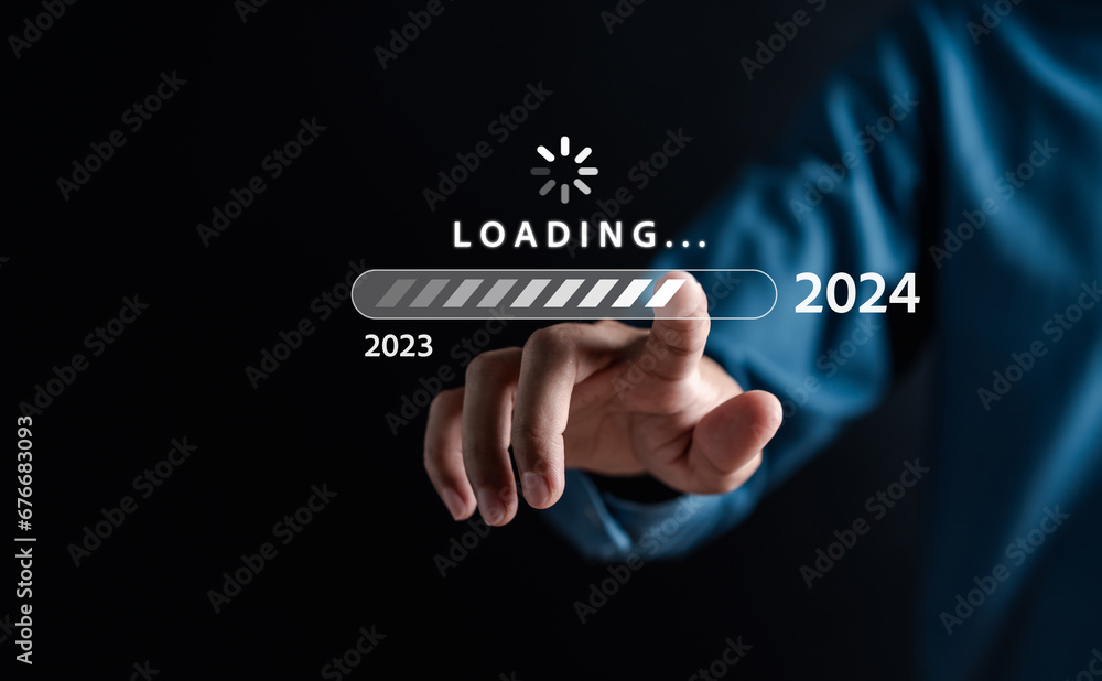 Poster loading progress from 2023 to 2024 to countdown merry christmas and happy new year, planning and cha