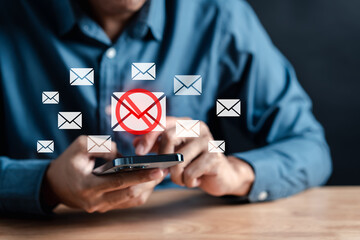 Blocked Email inbox and spam virus with warning caution for notification on internet letter security protect, junk and trash mail and compromised information. - obrazy, fototapety, plakaty