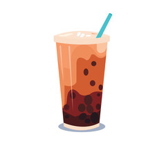 Chocolate bubble milk tea, boba or tapiocal pearls ice in a plastic cup with a straw

