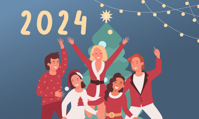 New Year's party with young people in red outfits. The numbers 2024, Christmas tree and dancing happy different people on blue background.