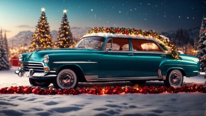1956 Chevrolet BelAir Hardtop Coupe Niebieski zabytkowy samochód Christmas travel red car with boxes and gifts generative ai