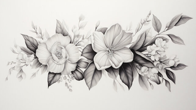 Black and white sketch of flowers on a solid background