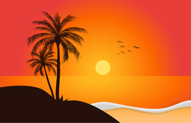 beautiful sunset beach orange color sea water landscape view vector