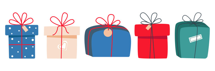 Christmas gift boxes are set on a white background. Holiday presents wrapped in festive wrapping paper, decorated with ribbon bows. Collection of surprise packages. Isolated flat vector illustration