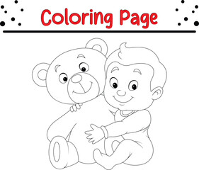 little baby with teddy bear coloring book page Vector illustration