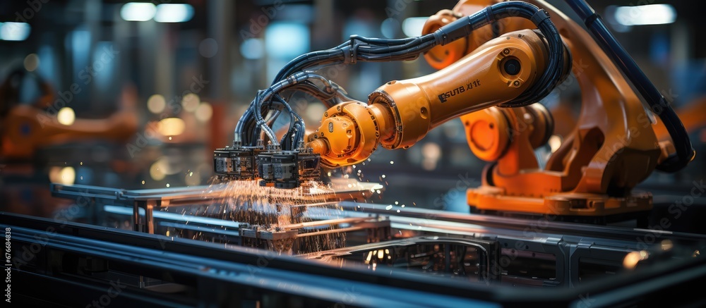 Poster automation robot arm machine in intelligent factory industry on system software. digital manufacturi