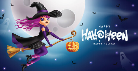 Happy halloween text vector design. Happy holidays greeting card with cute witch girl costume flying in creepy night full moon background, Vector illustration halloween greeting card design.
