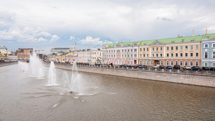 Cityscape in the capital of Russia Moscow. Fountains in river Moscow