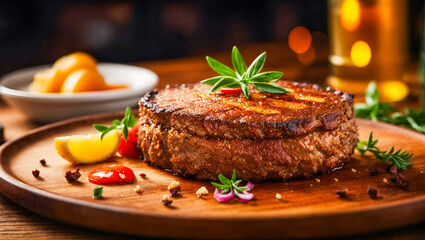 delicious fried meat steak on a wooden plate, professional photo, cinematic light, high quality product image, multicolored, beef, luxurious setting