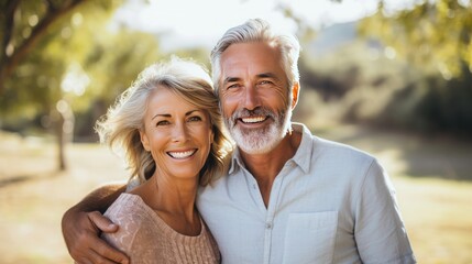 Fototapeta premium Mature beautiful couple, a man and a woman, stand hugging and look at the camera