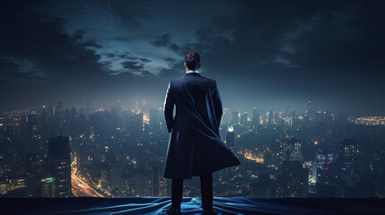 Businessman in suit and cape hero stand at rooftop