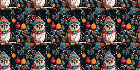 Seamless pattern of an owl in knitted hat and scarf, Christmas decorations and trees.Generative AI