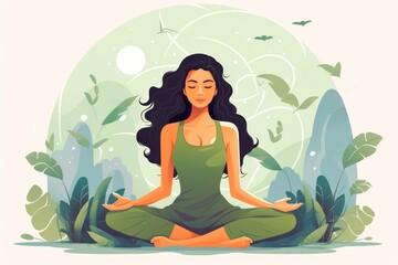 illustration oa a  woman practicing yoga and meditation in lotus pose with lotus flowers,