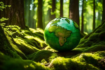 Earth Day - Environment - Green Globe In Forest With Moss And Defocused Abstract Sunlight A lush forest bathed in the soft glow of the morning sun  generative ai technology