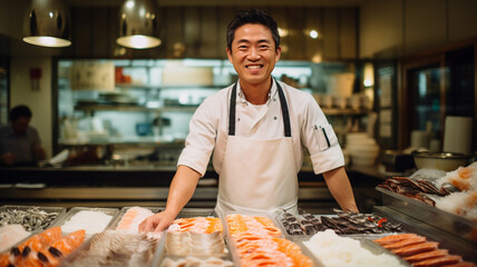 魚屋で働くアジア人男性