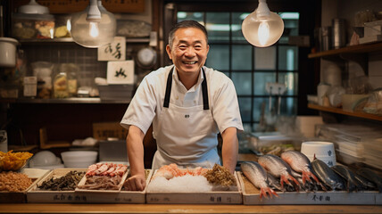 魚屋で働くアジア人男性