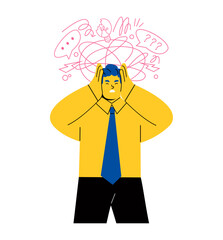 Stressed business man with hands on his head with doodle abstract elements on background. Flat vector illustration isolated on white background