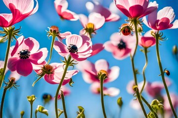 Beautiful pink flowers anemones and ladybug in spring nature outdoors against blue sky, macro, soft focus. Magic colorful artistic image tenderness of nature, spring floral  generative ai technology

