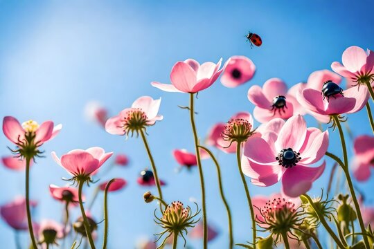 Beautiful pink flowers anemones and ladybug in spring nature outdoors against blue sky, macro, soft focus. Magic colorful artistic image tenderness of nature, spring floral  generative ai technology

