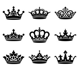Set of black crown icons silhouette. Collection Coat of arms and royal symbols. Vector illustration