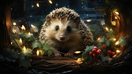 Cute hedgehog surrounded by burning candles and Christmas lights. New Year and Christmas. - obrazy, fototapety, plakaty